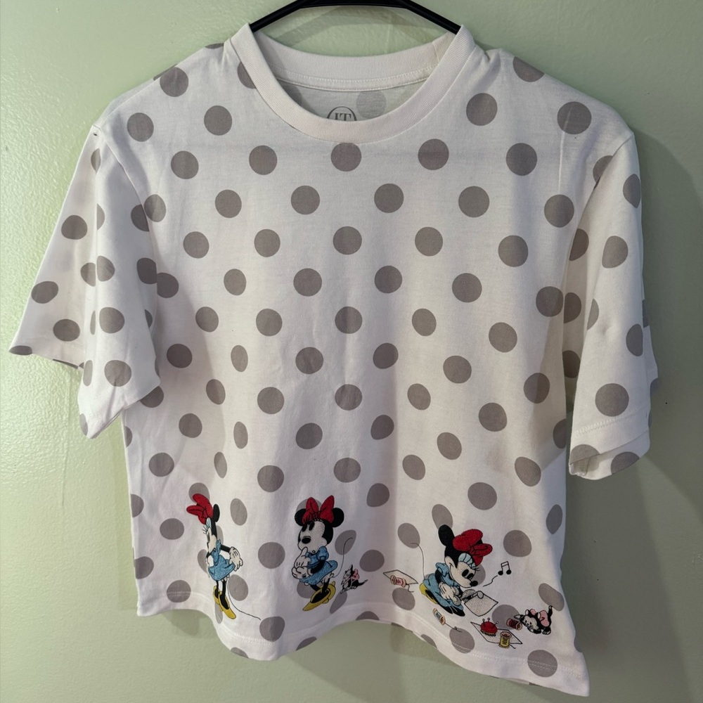 Disney White and Gray Polka Dot Tee with Cartoon Characters
